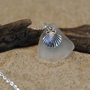 Clear Seashell Sea Glass Pendant Necklace